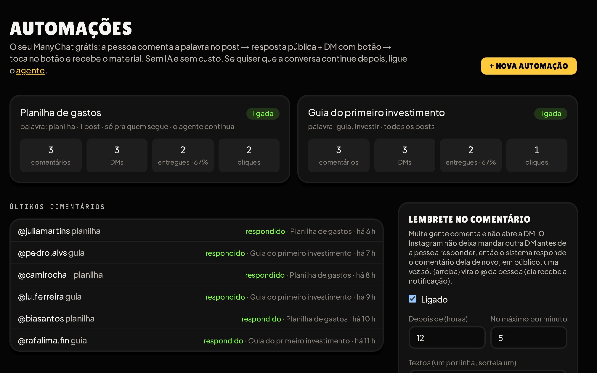 Tela de automações do sistema: palavra-chave, comentários respondidos e DMs enviadas