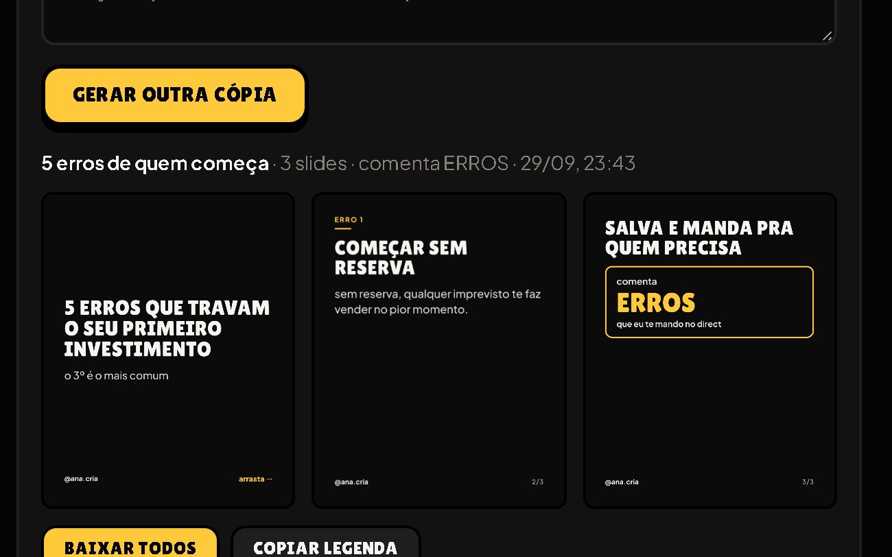 Tela de carrossel: três slides gerados com a marca do criador
