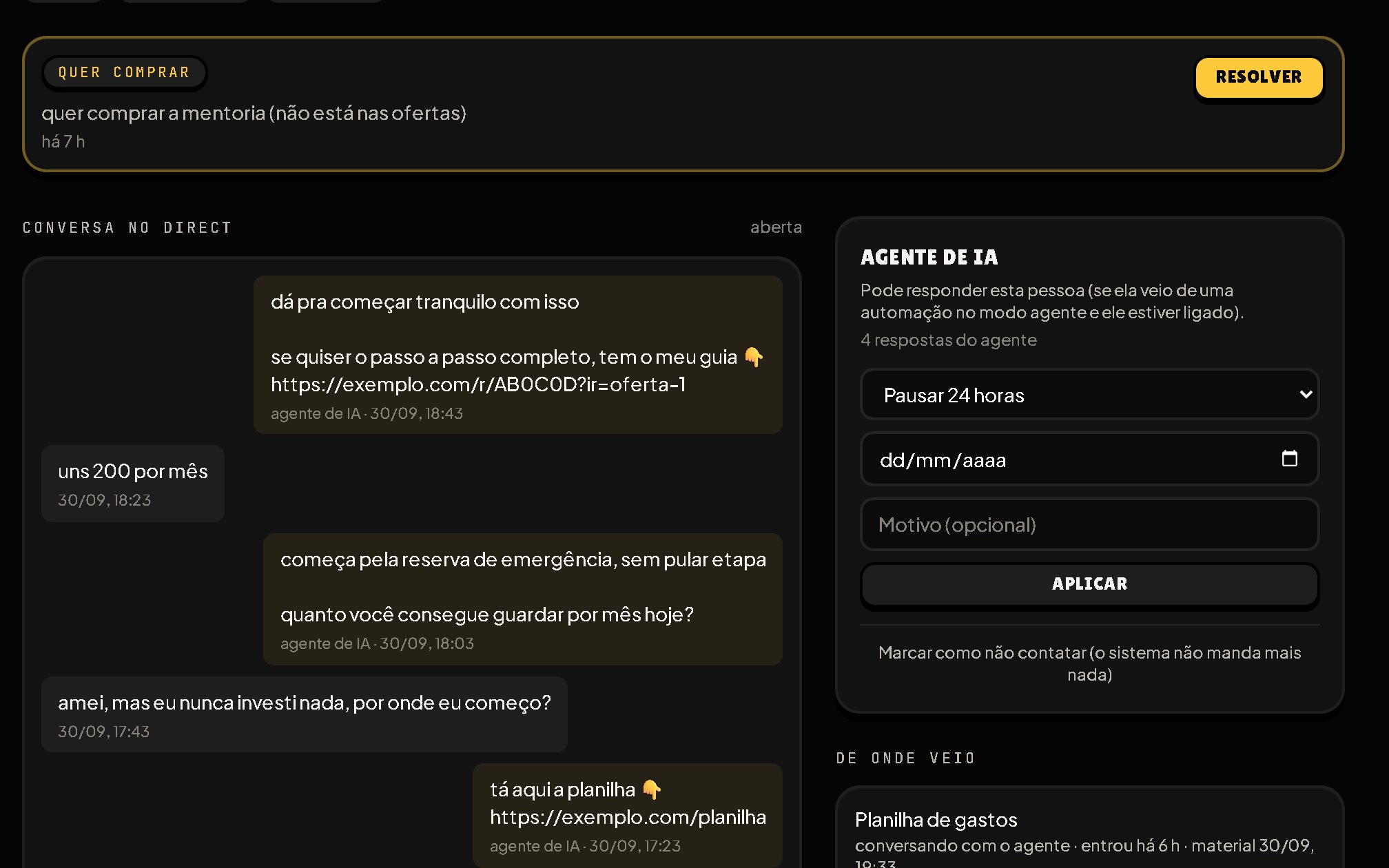 Tela de um lead: conversa no direct respondida pelo agente de IA
