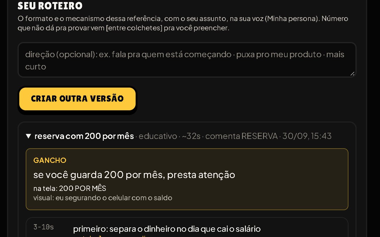 Tela de roteiro do sistema: gancho e falas escritos na voz do criador
